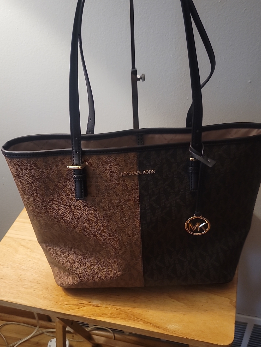 Michael Kors Two-Tone Brown Signature Tote with Gold MK Charm